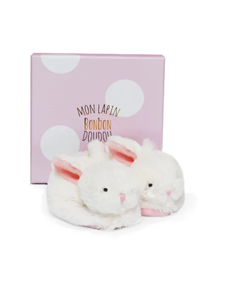Doudou et Compagnie Coffret cadeau naissance chaussons lapin rose avec hochet - 0/6 mois> Chaussons
