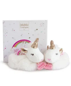Doudou et Compagnie Coffret cadeau naissance chaussons bébé Licorne avec hochet - 0/6 mois> Chaussons