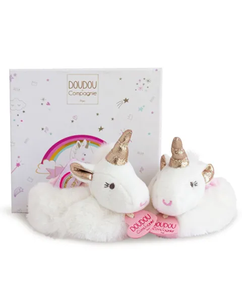 Doudou et Compagnie Coffret cadeau naissance chaussons bébé Licorne avec hochet - 0/6 mois> Chaussons