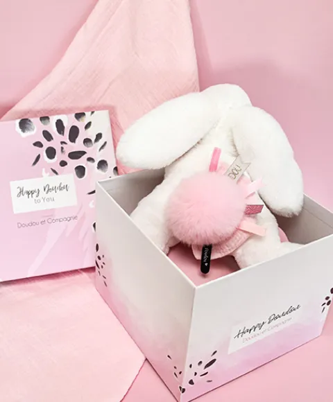 Doudou et Compagnie Coffret Pantin Lapin rose - Happy Blush - 25 cm> Peluches
