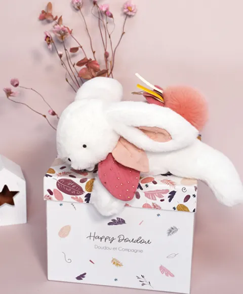 Doudou et Compagnie Coffret Pantin Lapin Vieux rose - Happy Boho - 25 cm> Peluches
