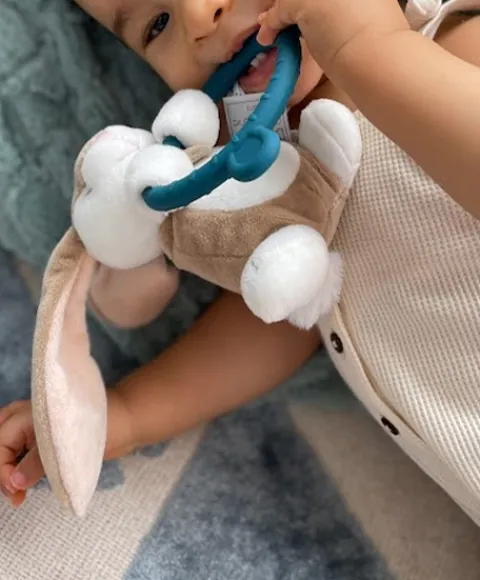 Doudou et Compagnie Doudou anneau de dentition - Hochet - HOULAHOP - terracota-bleu marine> Hochets Et Pantins D'Activités