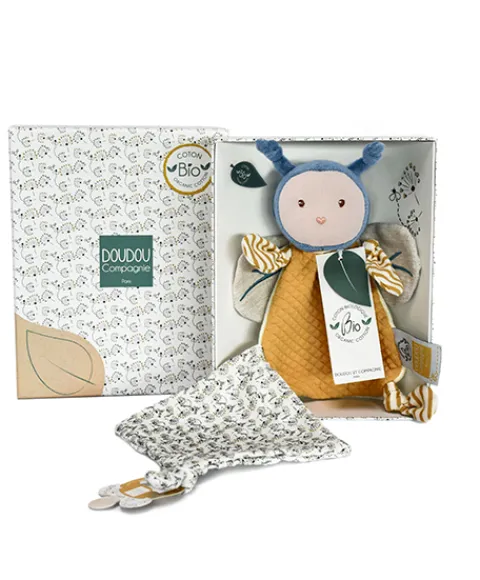 Doudou et Compagnie Doudou attache sucette abeille Pollen en coton BIO - 17 cm> Doudou Mouchoir|Petit Format
