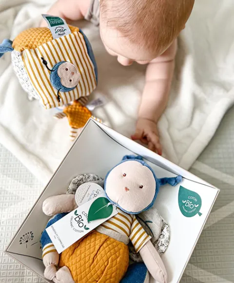 Doudou et Compagnie Doudou attache sucette abeille Pollen en coton BIO - 17 cm> Doudou Mouchoir|Petit Format