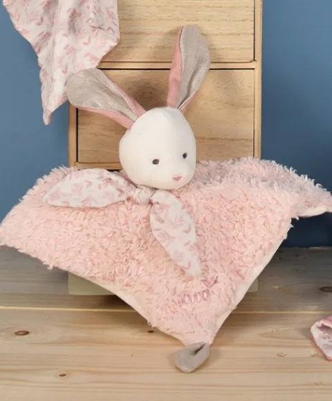 Doudou et Compagnie Doudou carré plat lapin rose en coton BIO - 25 cm> Doudou Plat|Doudous En Coton Bio