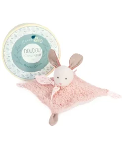 Doudou et Compagnie Doudou carré plat lapin rose en coton BIO - 25 cm><noscript><img width=
