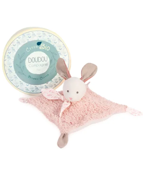 Doudou et Compagnie Doudou carré plat lapin rose en coton BIO - 25 cm> Doudou Plat|Doudous En Coton Bio