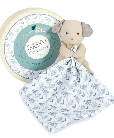 Doudou et Compagnie Doudou mouchoir chien bleu en coton BIO -15 cm> Doudou Mouchoir|Petit Format