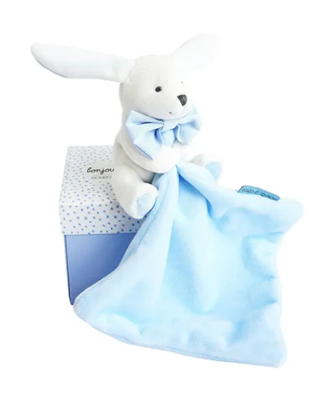 Doudou et Compagnie Doudou mouchoir lapin bleu - 10 cm - Boite fleur> Doudou Mouchoir|Petit Format