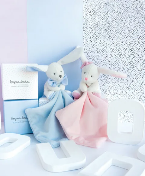Doudou et Compagnie Doudou mouchoir lapin bleu - 10 cm - Boite fleur> Doudou Mouchoir|Petit Format