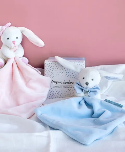 Doudou et Compagnie Doudou mouchoir lapin bleu - 10 cm - Boite fleur> Doudou Mouchoir|Petit Format