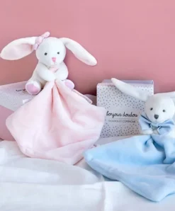 Doudou et Compagnie Doudou mouchoir lapin rose - 10 cm - Boite fleur><noscript><img width=