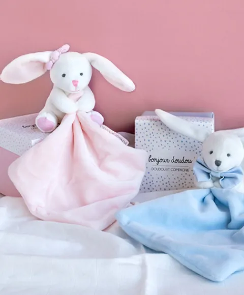 Doudou et Compagnie Doudou mouchoir lapin rose - 10 cm - Boite fleur> Doudou Mouchoir|Petit Format