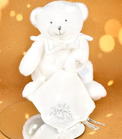 Doudou et Compagnie Doudou mouchoir ours Blanc - 30 cm - Collection Anniversaire> Doudou Mouchoir|Peluches
