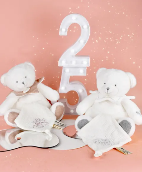 Doudou et Compagnie Doudou mouchoir ours Gris - 30 cm - Collection Anniversaire> Doudou Mouchoir|Peluches