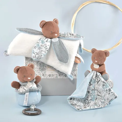 Doudou et Compagnie Doudou OURS bleu avec pétales - BOH'AIME -> Doudou Plat