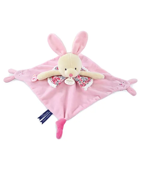 Doudou et Compagnie Doudou plat lapin rose avec marionnette à doigt - 30 cm> Doudou Plat|Marionnettes