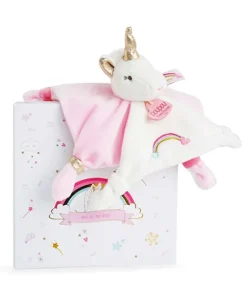 Doudou et Compagnie Doudou plat Licorne rose et blanche - 20 cm> Doudou Plat