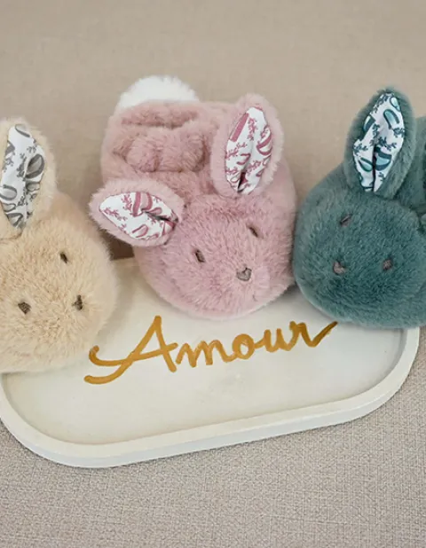 Doudou et Compagnie Lapin Doudou - Coffret cadeau Chaussons et Doudou Rose 15 cm> Petit Format|Doudou Plat