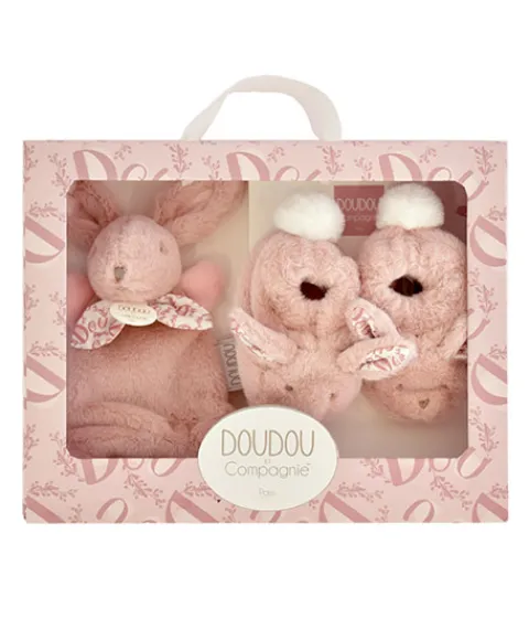 Doudou et Compagnie Lapin Doudou - Coffret cadeau Chaussons et Doudou Rose 15 cm> Petit Format|Doudou Plat