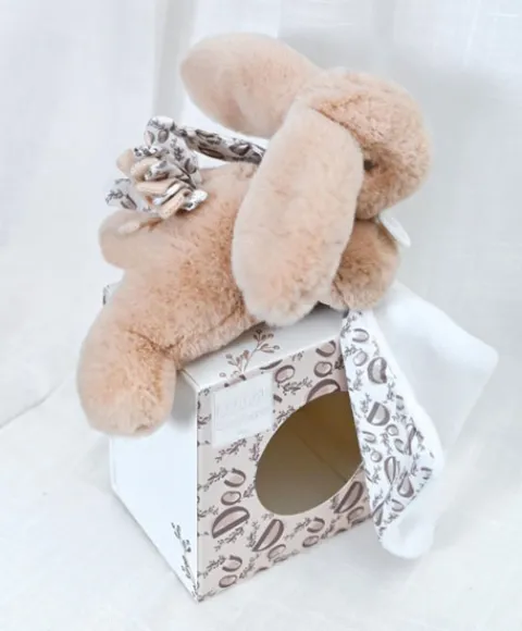 Doudou et Compagnie Lapin DOUDOU® - Peluche lapin Beige avec doudou assorti - 16 cm> Peluches