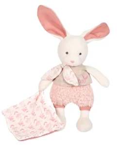 Doudou et Compagnie Lapin peluche écrue avec mouchoir rose en coton BIO - 22 cm> Doudou Mouchoir|Doudous En Coton Bio