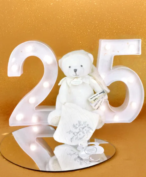 Doudou et Compagnie Ours en peluche Blanc attache-sucette - 20 cm - Collection Anniversaire> Doudou Attache-Sucette|Peluche Avec Doudou