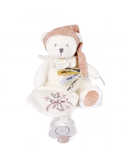 Doudou et Compagnie Ours en peluche Rose attache-sucette - 20 cm - Collection Anniversaire> Doudou Attache-Sucette
