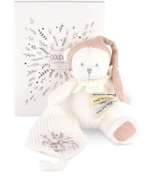 Doudou et Compagnie Ours en peluche Rose attache-sucette - 20 cm - Collection Anniversaire> Doudou Attache-Sucette