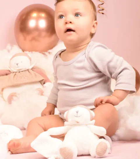 Doudou et Compagnie Ours en peluche Rose attache-sucette - 20 cm - Collection Anniversaire> Doudou Attache-Sucette