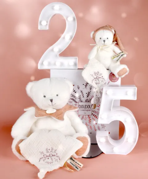 Doudou et Compagnie Ours en peluche Rose attache-sucette - 20 cm - Collection Anniversaire> Doudou Attache-Sucette