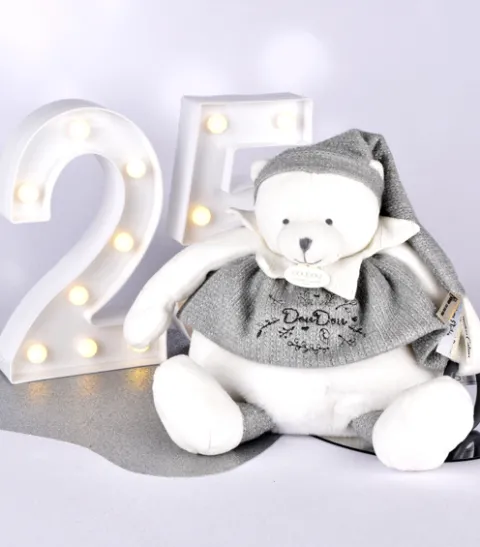 Doudou et Compagnie Peluche eveil Bébé Ours Gris - 30 cm - Collection Anniversaire> Peluches