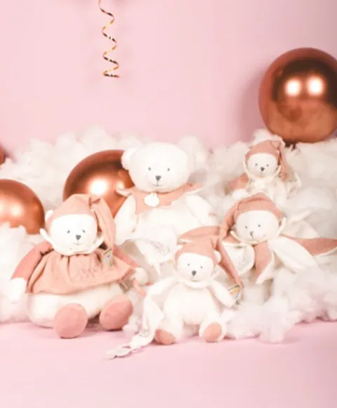 Doudou et Compagnie Peluche eveil Bébé Ours Rose - 30 cm - Collection Anniversaire> Peluches