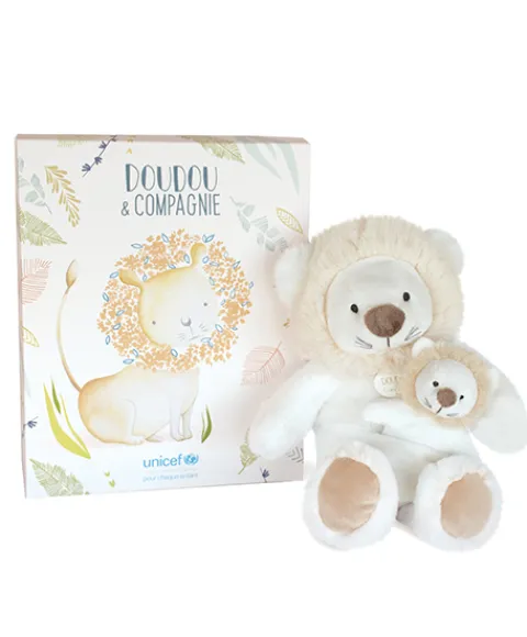 Doudou et Compagnie Peluche lion avec Bébé - 25 cm - Unicef> Peluches