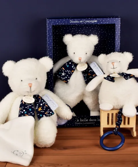 Doudou et Compagnie Peluche ours luminescent avec mouchoir - 28 cm - Clair de Lune> Doudou Mouchoir|Peluche Avec Doudou