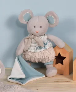 Doudou et Compagnie Souris en peluche grise avec mouchoir vert en coton BIO - 22 cm> Doudou Mouchoir|Doudous En Coton Bio