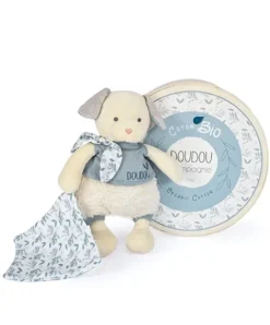 Doudou et Compagnie Chien peluche beige avec mouchoir bleu en coton BIO - 22 cm