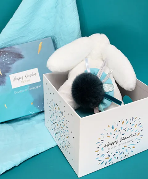 Doudou et Compagnie Coffret Pantin Lapin bleu - Happy Pop - 25 cm