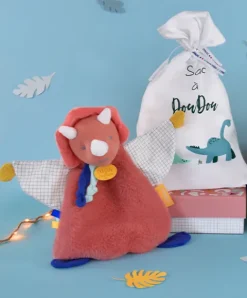 Doudou et Compagnie Coffret peluche dinosaure orange - Attache tetine Lou - 23 cm
