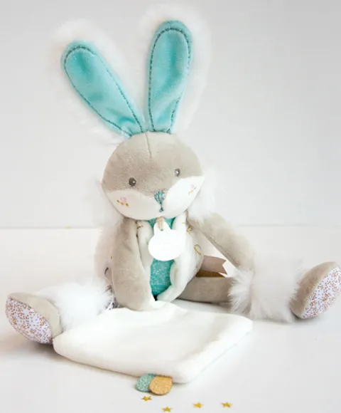Doudou et Compagnie Coffret peluche lapin de sucre- lapin mouchoir vert - 31 cm