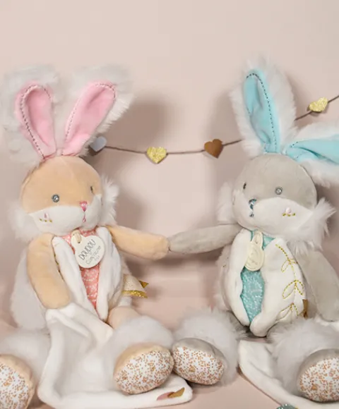 Doudou et Compagnie Coffret peluche lapin de sucre- lapin mouchoir vert - 31 cm