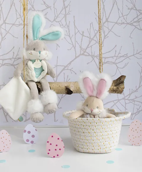 Doudou et Compagnie Coffret peluche lapin de sucre- lapin mouchoir vert - 31 cm