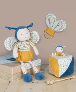 Doudou et Compagnie Cube d'activités Pollen l'abeille en coton BIO 10 X 10 cm