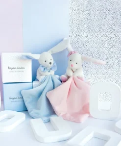 Doudou et Compagnie Doudou mouchoir lapin rose - 10 cm - Boite fleur