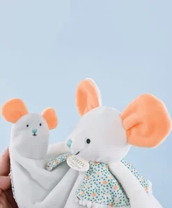 Doudou et Compagnie Doudou plat souris blanc avec marionnette à doigt - 30 cm