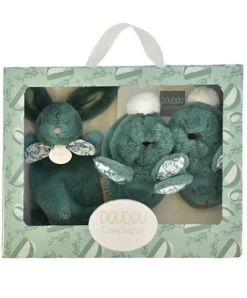 Doudou et Compagnie Lapin Doudou - Coffret cadeau Chaussons et Doudou Vert Sauge 15 cm