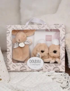Doudou et Compagnie Lapin Doudou - Coffret cadeau Chaussons et Doudou Beige 15 cm
