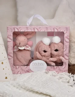 Doudou et Compagnie Lapin Doudou - Coffret cadeau Chaussons et Doudou Rose 15 cm