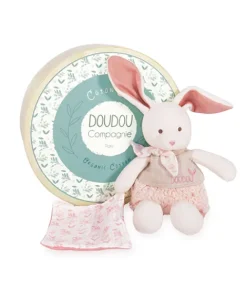 Doudou et Compagnie Lapin peluche écrue avec mouchoir rose en coton BIO - 22 cm